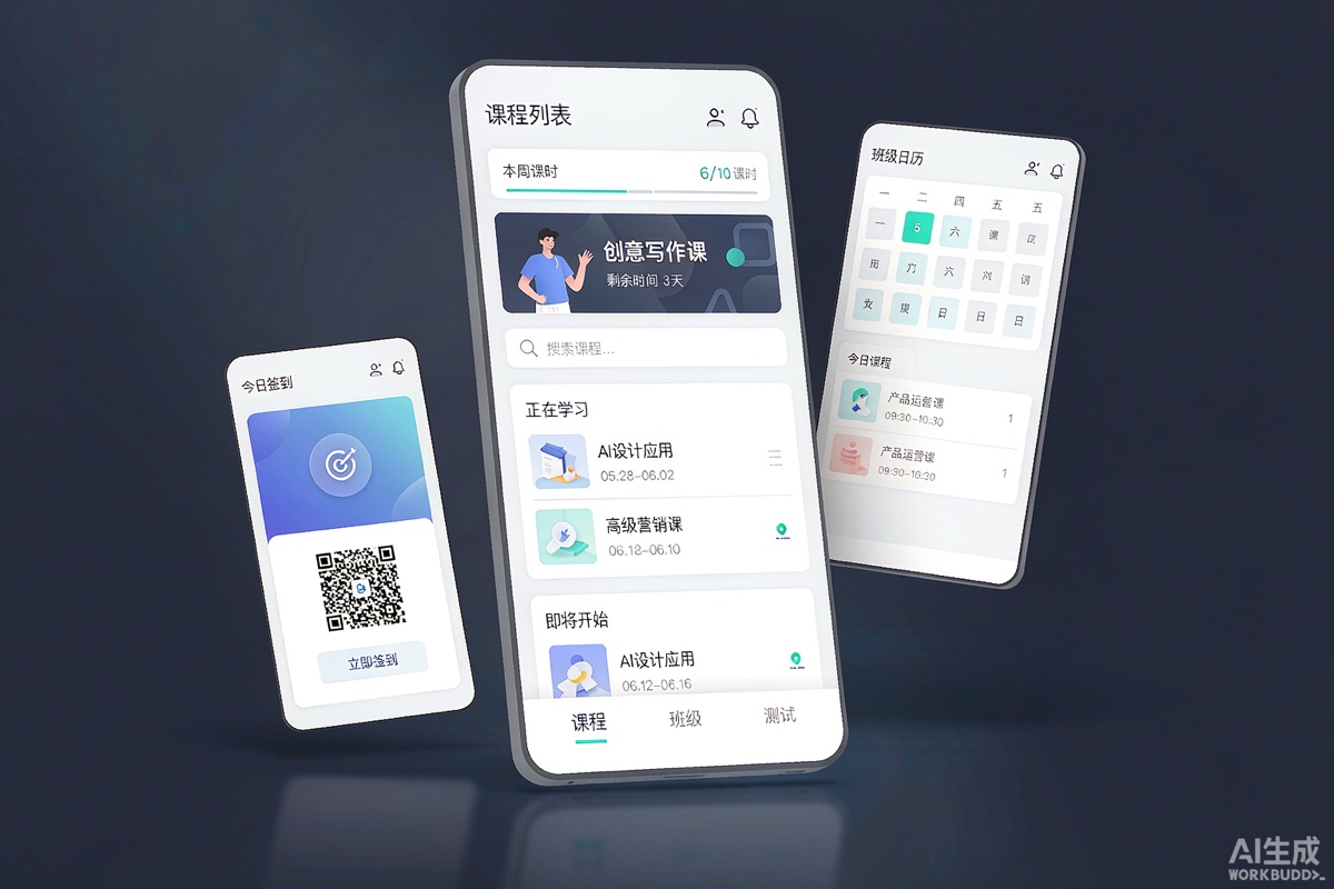 教培课程与学员小程序界面展示，包含课程列表、排课与签到页面